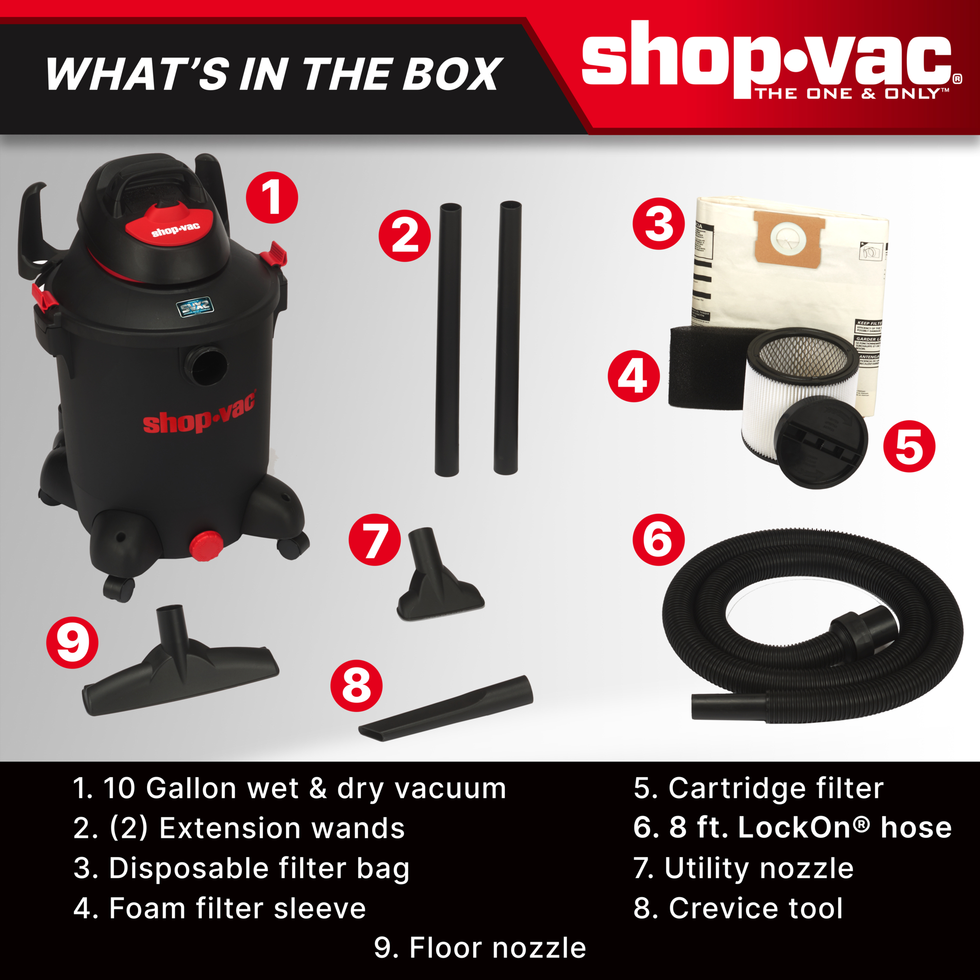 The Shop-Vac® 10 Gallon* 5.5 Peak HP** Wet / Dry Utility Vac 5982105 is the perfect addition to your workshop. Use this vacuum for cleaning dirt and sawdust from your workbench and floor. T